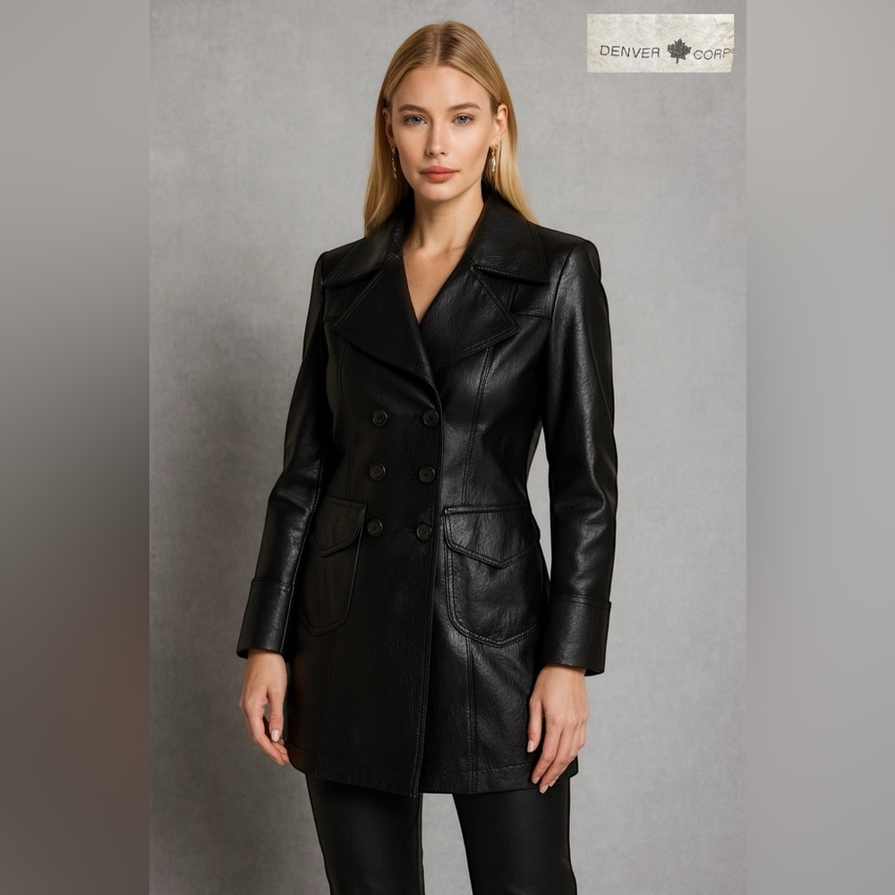 🛍️SALE🛍️ DENVER Corp. Vintage Faux Leather Double-breasted Trench Coat - Picture 1 of 10